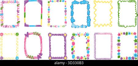Crayon drawn children frames. Abstract chalk drawing vibrant empty frame. Doodle kids photos design with scribbles, hearts, flowers, neoteric vector e Stock Vector