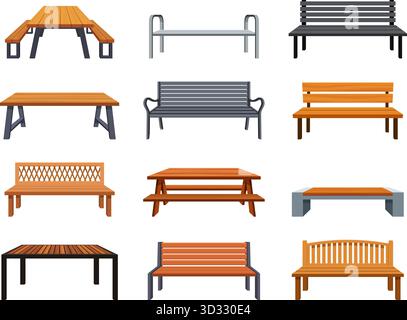 Garden benches. Bench and seat with wooden tables for outdoor picnic, public rest area elements. Sitting tools for park, backyard, sapid vector set or Stock Vector