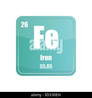 Iron chemical element tile. Atomic number twenty six. Fe sign Vector icon. Deep green square shape. Stock Vector