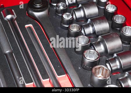 Professional set of socket wrenches with adapters. Stock Photo
