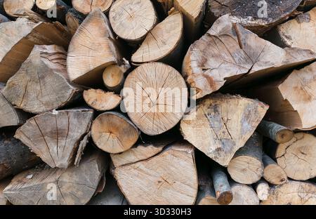 Close-up front view showing large split and sawn logs neatly stacked in a pile, highlighting the texture and natural wood patterns Stock Photo