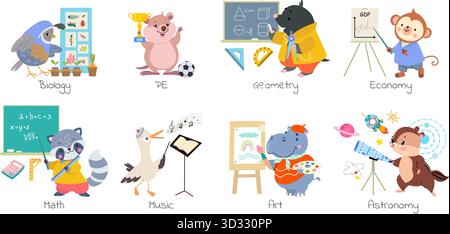 Funny animals teachers. Different lesson teacher, astronomy biology geometry math. Raccoon, hippo, sparrow monkey characters, nowaday vector set origi Stock Vector