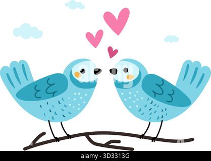 Two lovebirds sit next to each other on tree plant branch with red amour hearts. Cartoon birds love and romance. Valentine animals. Cute birdies fligh Stock Vector