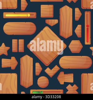 Wooden game interface elements seamless pattern. Menus and arrow buttons. Wood panel frames. Repeated print. Natural material with tree texture. Play Stock Vector