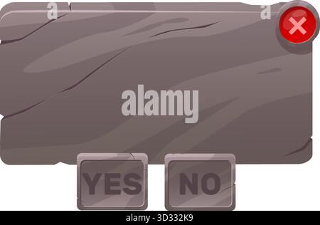 Stone game panel with yes or no buttons for selecting desired option. Video gaming dashboard. GUI border. Message interface. Play question screen inte Stock Vector