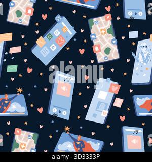 Mobile phones with various applications seamless pattern. Interface icons. Smartphone features. Repeated print. Device screens. Messenger chat mail. D Stock Vector