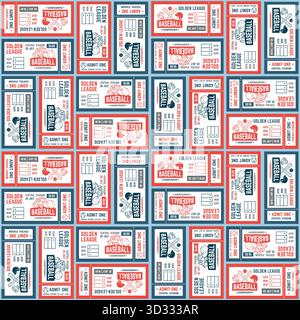 Multicolored tickets for baseball game seamless pattern. Competition pass coupons. Sport tournament. Repeated print. Championship invitation. Bats and Stock Vector