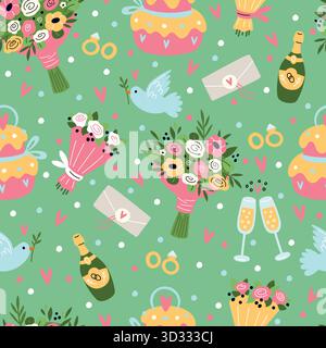 Wedding bouquets. Marriage ceremony seamless pattern. Invitation envelopes. Newlyweds holiday. Engagement rings. Champagne glasses and bottle. Dessert Stock Vector