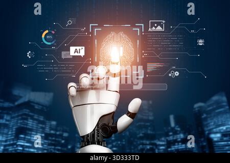 A generative AI assistant showcases its creative platform. The interface allows users to enter prompts to generate images, chat with the AI, and visua Stock Photo