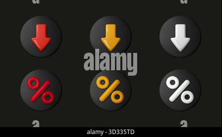 3D price and discount icons with down arrow and percent sign. Modern vector design symbolizing sale, offer, and financial decrease for business Stock Vector
