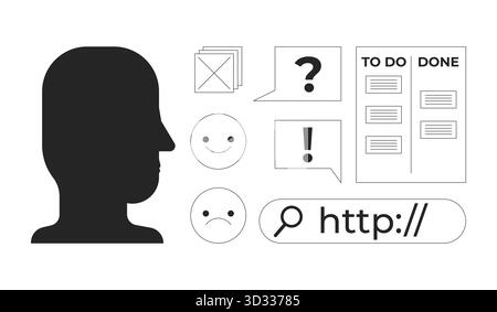 Head silhouette and digital interface ui elements 2D line objects set Stock Vector