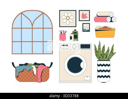 Laundry room essentials 2D cartoon objects set Stock Vector