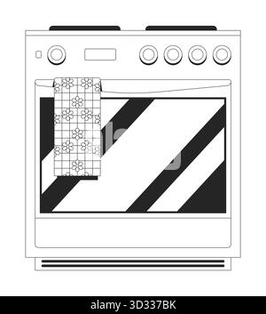 Retro oven with floral pattern towel 2D line object Stock Vector