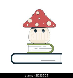 Cute mushroom character on books stack 2D cartoon object Stock Vector