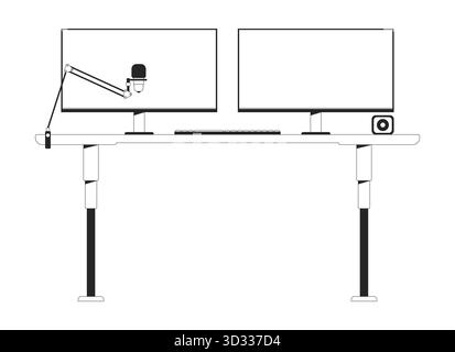 Professional dual-monitors desk setup with microphone arm 2D line object Stock Vector