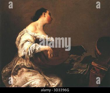 CRESPI, Giuseppe Maria (b. 1665, Bologna, d. 1747, Bologna)  Woman Playing a Lute 1700-1705 Oil on canvas Museum of Fine Arts, Boston  The lute is a plucked string instrument with a fretted neck and a deep round back. The origins of the lute are obscure. Various types of lutes were in use in ancient cultures. The most important point of transfer of the lute from Muslim to Christian European culture might have been in Sicily, where it was brought either by Byzantine or later by Saracen musicians. Over the course of the Baroque era the lute was increasingly relegated to the continuo accompanimen Stock Photo