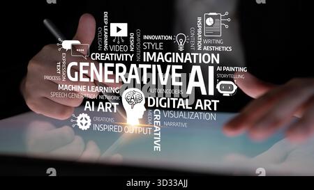 Close-up of hands interacting with a digital tablet displaying concepts of generative AI, emphasizing creativity and innovation in technology and mode Stock Photo