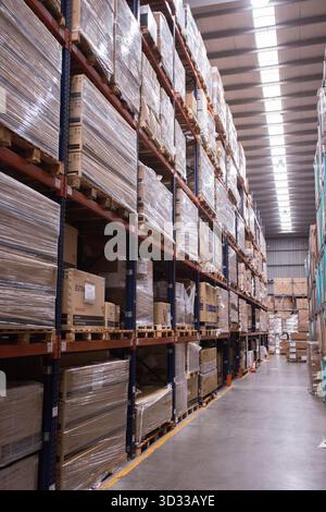 Men at work, wearing protective stuff, handling boxes in a warehouse Stock Photo