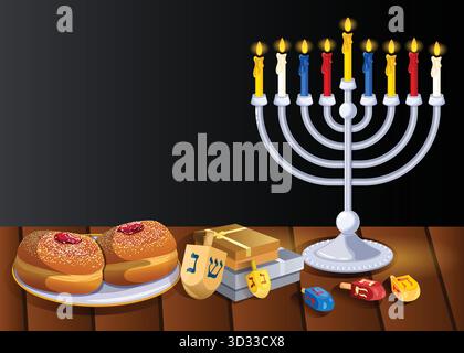 Black Hanukkah Background with Copy Space. Silver Nine Branched Menorah with Colorful Candles, Gifts, Dreidels and Sufganiyot on Wooden Surface Stock Vector
