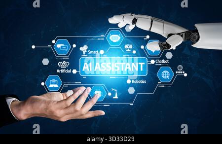A captivating image showcasing the connection between a human hand and a robotic arm, symbolizing the future of AI assistants and digital interaction Stock Photo