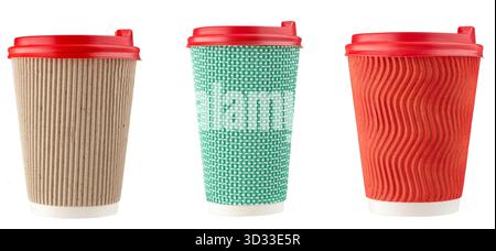 Set of three disposable paper coffee cups with red lids. Eco friendly takeaway containers with textured sleeves on white background. File Contains Cli Stock Photo