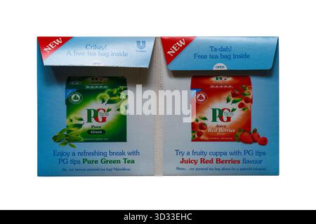 Two big-tasting samples from PG tips isolated on white background - PG Tips pure green tea & PG Tips Juicy Red Berries teabags tea bags Stock Photo
