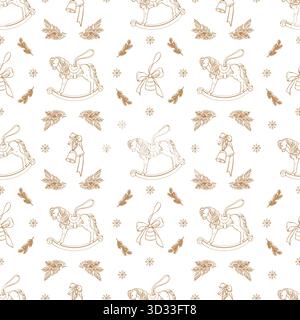 Retro style seamless background, Christmas and New Years wrapping paper. Vintage pattern with Christmas decorations, a rocking horse, bells, and fir branches. Vector wallpaper in gold on a white background. Vector graphic illustration Stock Vector