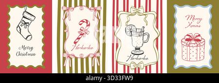 Set of hand drawn ink sketch Christmas cards. Vintage posters with Christmas stocking, candy cane and gift box. Whimsical doodle illustrations Stock Vector