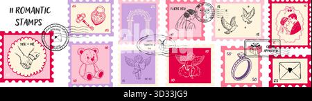 Romantic Valentine stamp set in whimsical sketch style. Hand drawn labels with couples, key and heart lock, doves, cupids, ring and love letter Stock Vector
