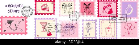 Set of whimsical Valentine postage stamps in sketch style. Hand drawn romantic lady, cake, bows, couple, ring, rose, gift box, champagne Stock Vector