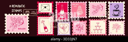 Romantic Valentine stamp set in ink vintage style. Hand drawn cupids, love letter, champagne bottle, bouquet, cake, gift box, cocktail toast, ring Stock Vector