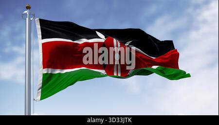 National flag of Kenya waving on a clear day. Black, red, and green bands separated by white lines, with a black Masai shield on two spears in the center. 3d illustration render. Fluttering fabric Stock Photo
