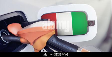 Italy flag on the lid of the gas tank of a car at a gas station in close-up. High or low gasoline prices at Italian gas stations. Gasoline prices are Stock Photo