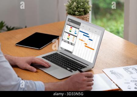 Project planning software for brisk business project management on the computer screen showing timeline chart of the team project Stock Photo
