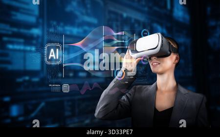 A professional woman explores generative AI technology using a VR headset within a modern digital workspace, showcasing the fusion of virtual reality Stock Photo
