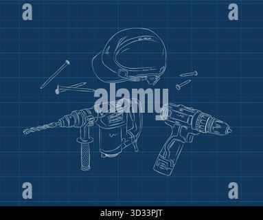 Powerful rotary hammer and regular drill set drawing in graphic style on blue background Stock Vector