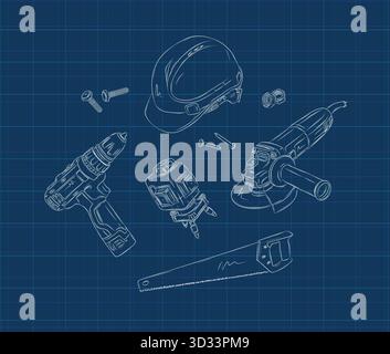 Powerful rotary hammer and regular drill set drawing in graphic style on blue background Stock Vector