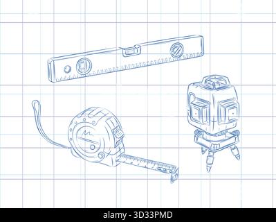 Measurable tools set roulette construction and laser level drawing in graphic style on light background Stock Vector