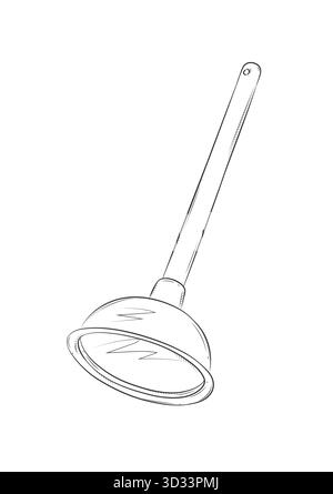 Plunger hand drawn doodle. Clearing clogged pipes at home. Drawing in graphic style on white background Stock Vector