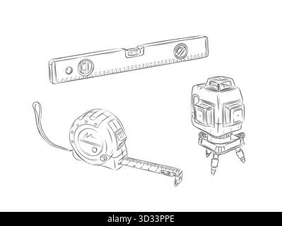 Measurable tools set roulette construction and laser level drawing in graphic style on white background Stock Vector