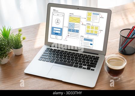 UX UI design process for modish mobile application and website . Creative prototype of wireframe for professional app developer . Stock Photo