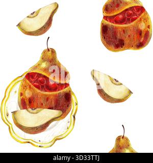 Baked pear and slice on white plate. Colored pencils seamless pattern. For autumn party, diaries and planners decorated, stickers, greeting cards and Stock Photo