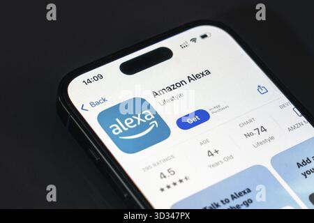 New York, USA - December 20, 2024: Amazon Alexa app displayed on smartphone screen with logo. Voice assistant application for smart home control and v Stock Photo
