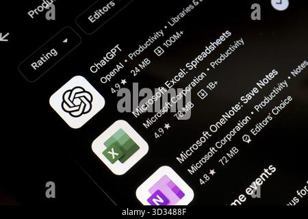 November 1, 2024, Brazil. In this photo illustration, the ChatGPT, Microsoft Excel and Microsoft OneNote app logo is displayed on a smartphone screen Stock Photo