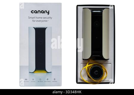 Canary Smart home security for everyone in box with lid removed isolated on white background Stock Photo