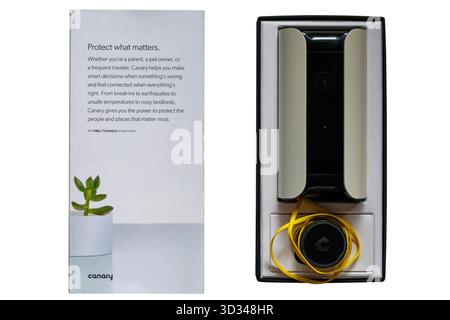 Canary Smart home security for everyone in box with lid removed isolated on white background Stock Photo