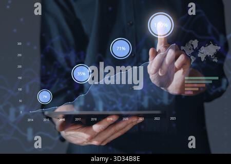 Virtual tablet PC screen with chart graph and businessman hand working on new business finance strategy concept Stock Photo