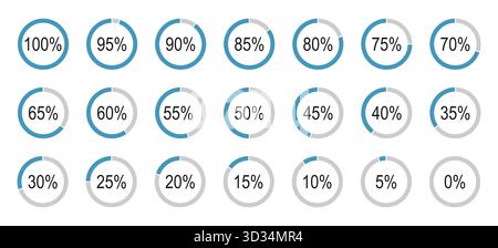 Round diagrams icons for infographics from 0 to 100 percent. Percentage infographics flat elements. Colour fill divided pie chart indicators in blue Stock Vector