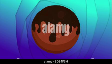 Displaying stylized brown disc dripping dark glaze over wavy turquoise-to-purple gradient cutouts Stock Photo