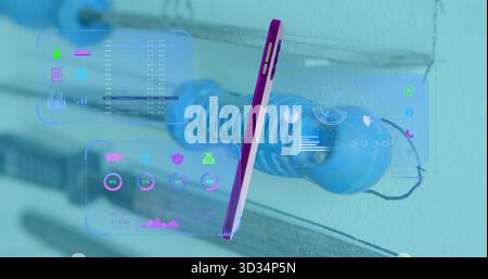 Floating purple-edged smartphone displaying data overlays in studio with coiled cable on metal hook Stock Photo
